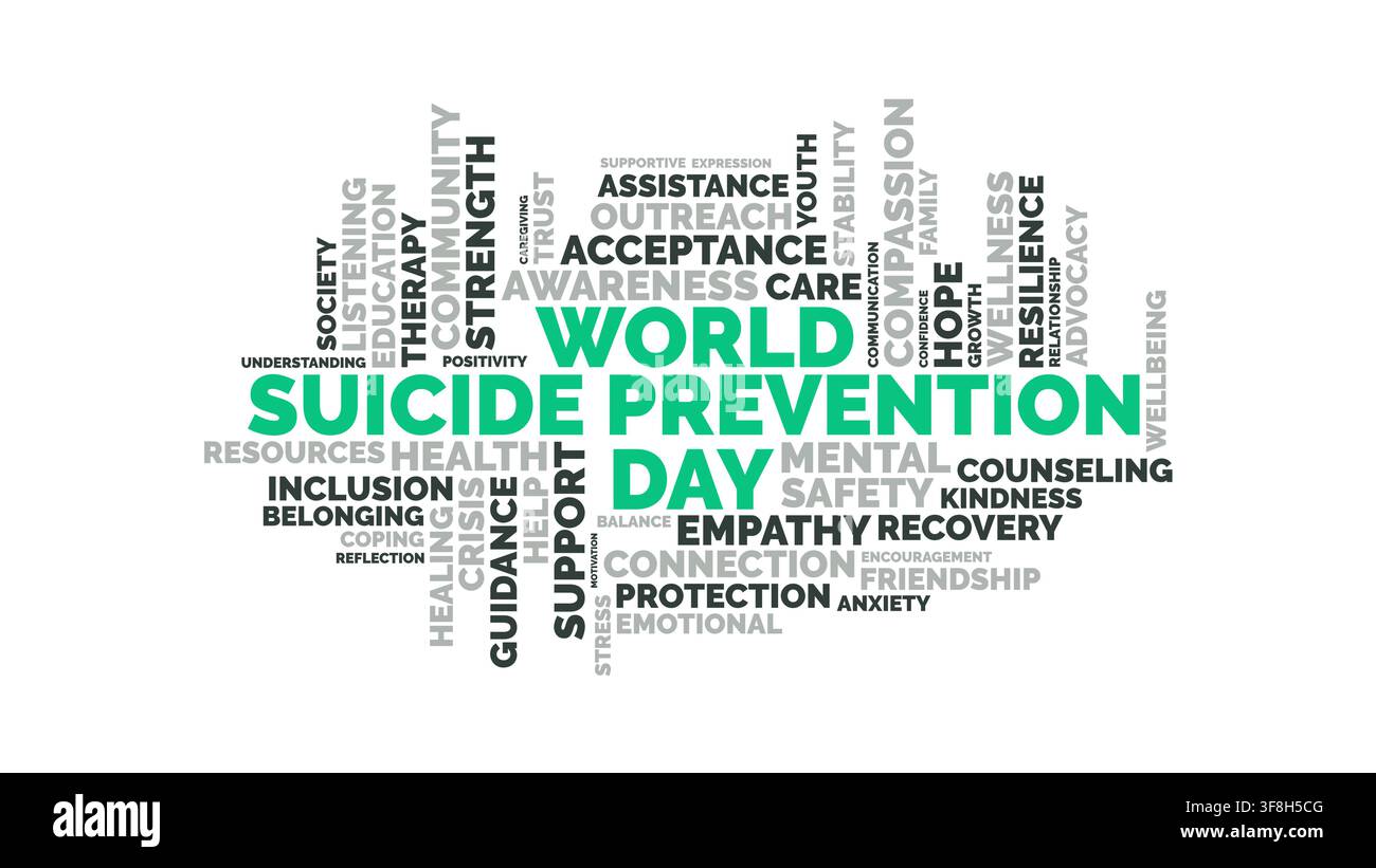Design de nuage de mots typographique pour la Journée mondiale de la prévention du suicide, mettant en avant des concepts clés tels que la santé mentale, le soutien et l'empathie en vert et gris Illustration de Vecteur