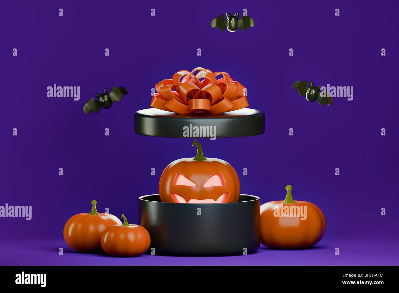 Concept de boîte cadeau 3D pour Halloween, une jolie lanterne citrouille en plastique brillant sortant d'une boîte cadeau noire avec un nœud orange et un fond de chauves-souris Banque D'Images