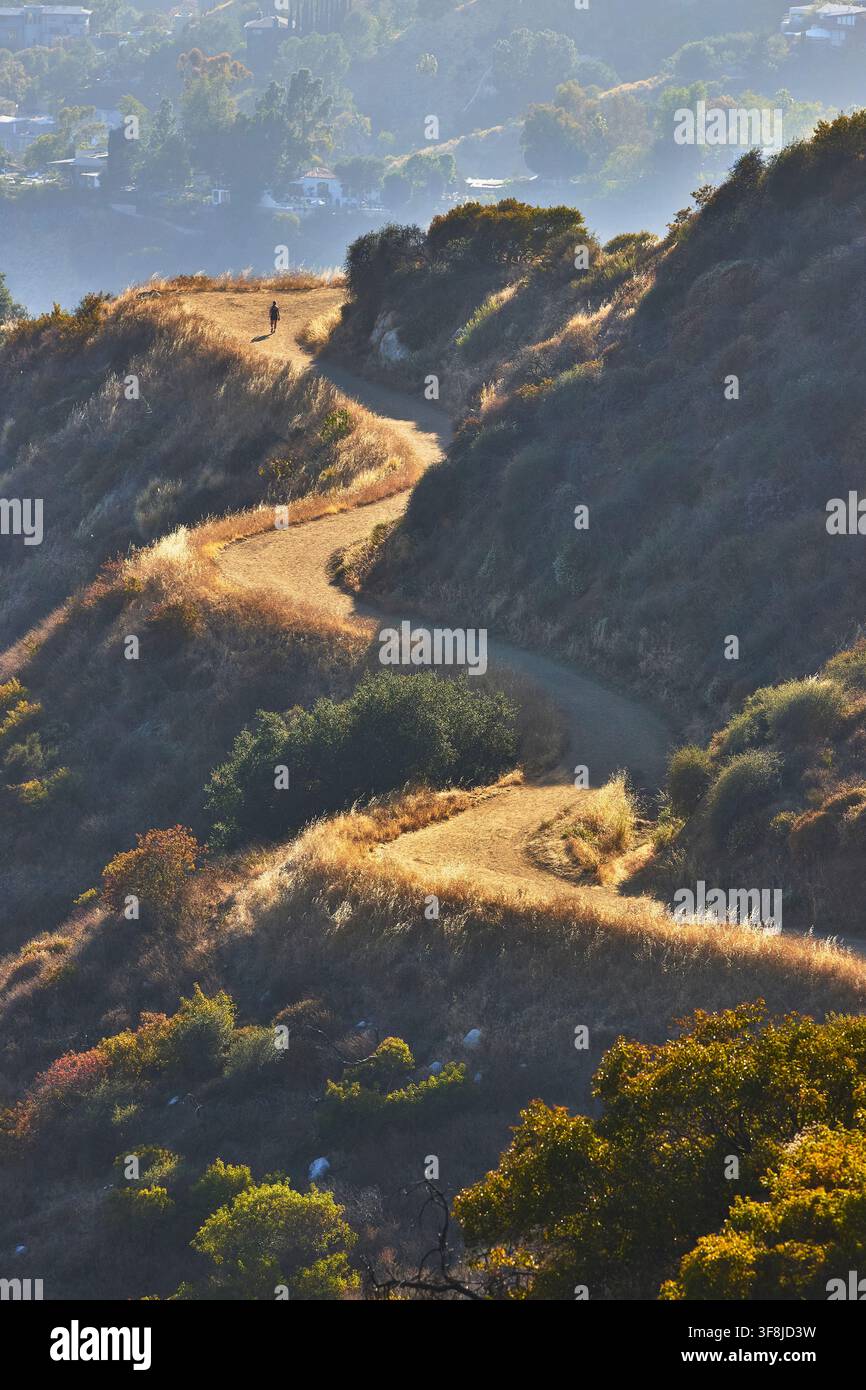 Sentier de randonnée de Griffith Park avec chemin sinueux et collines dorées à Los Angeles Banque D'Images