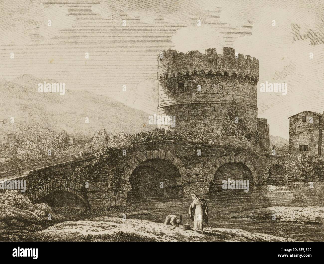 Illustration historique d'un pont en pierre et d'une tour ronde fortifiée dans un paysage italien, avec des personnages au bord de l'eau, par Henri L'Evêque, 1817. Banque D'Images