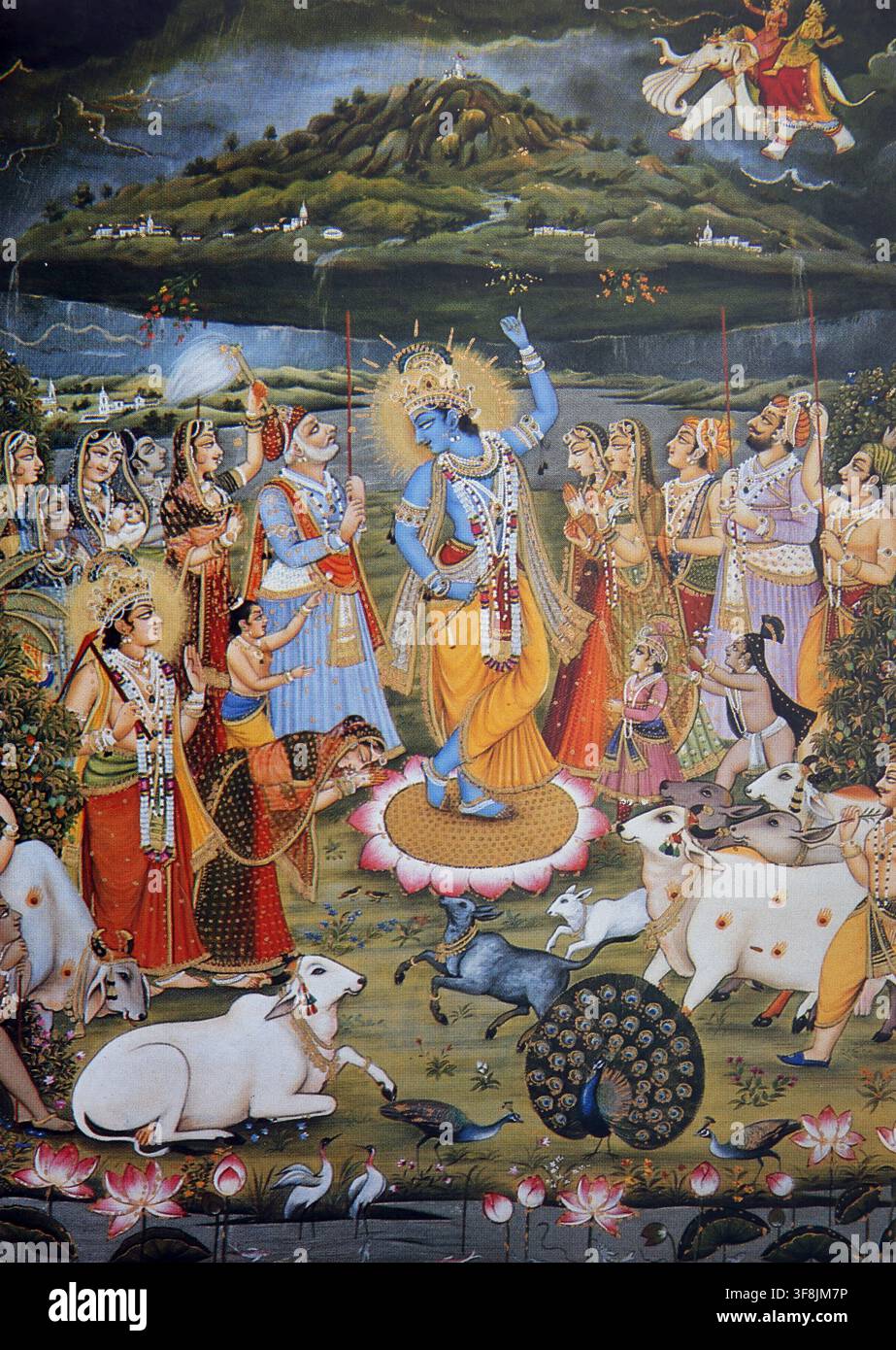 Illustration de Lord Krishna en tant que Giridhari soulevant la montagne Govardhan avec son petit doigt pendant 7 jours pour protéger les gens et les animaux de Vrinda Banque D'Images