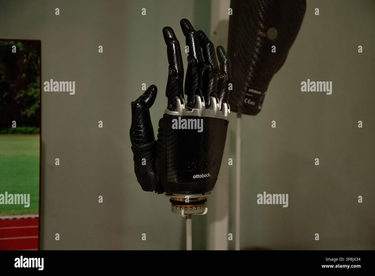 Une main prothétique robotique noire avec doigts articulés est exposée à l'intérieur à côté d'un autre composant prothétique. Banque D'Images