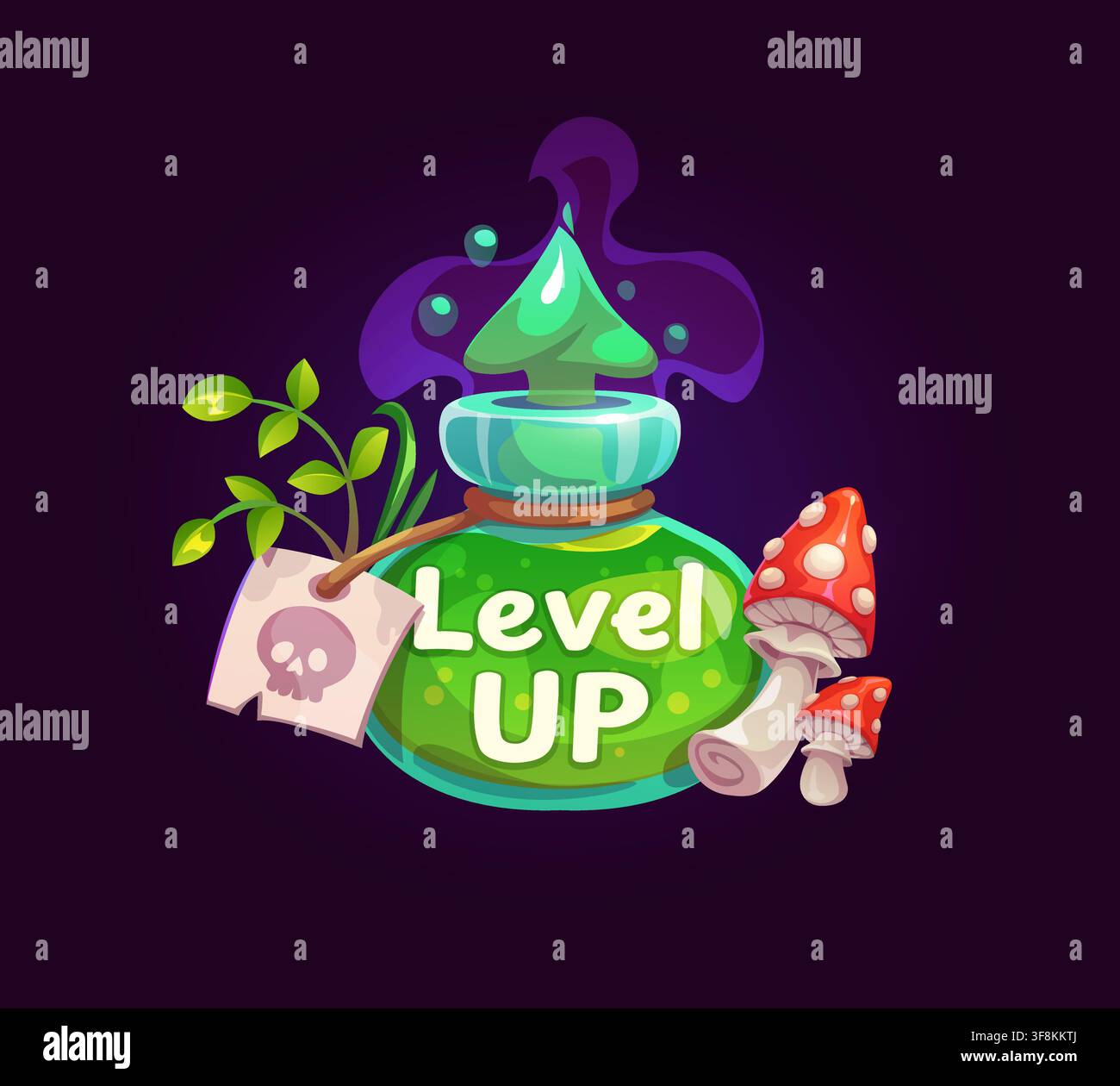 Badge de niveau supérieur d'un jeu d'Halloween effrayant mettant en vedette une bouteille de potion magique verte brillante avec de la fumée violette, des herbes, des champignons et une étiquette de poison en forme de crâne. Dessin animé Illustration de Vecteur