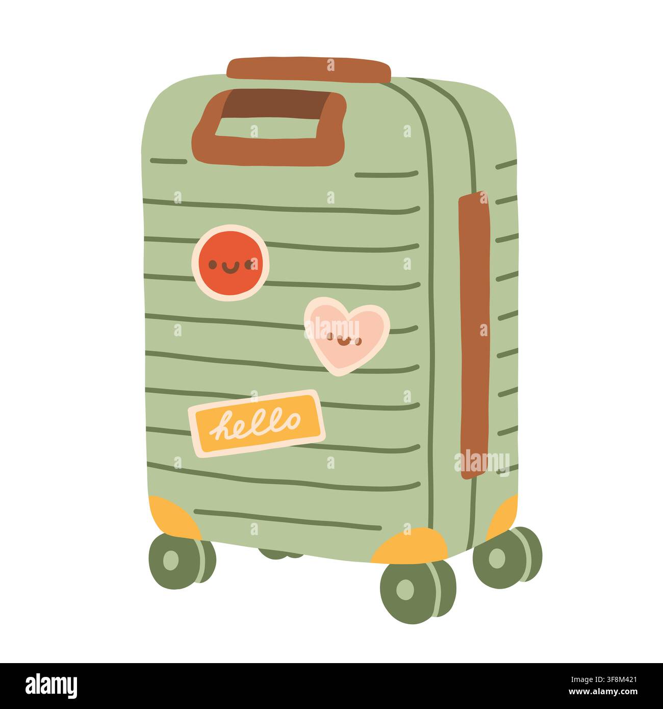 Illustration vectorielle d'une valise de voyage verte mignonne avec des autocollants en style doodle. Idéale pour les vacances, les bagages, les vols, les voyages et la conception de vacances d'été Illustration de Vecteur