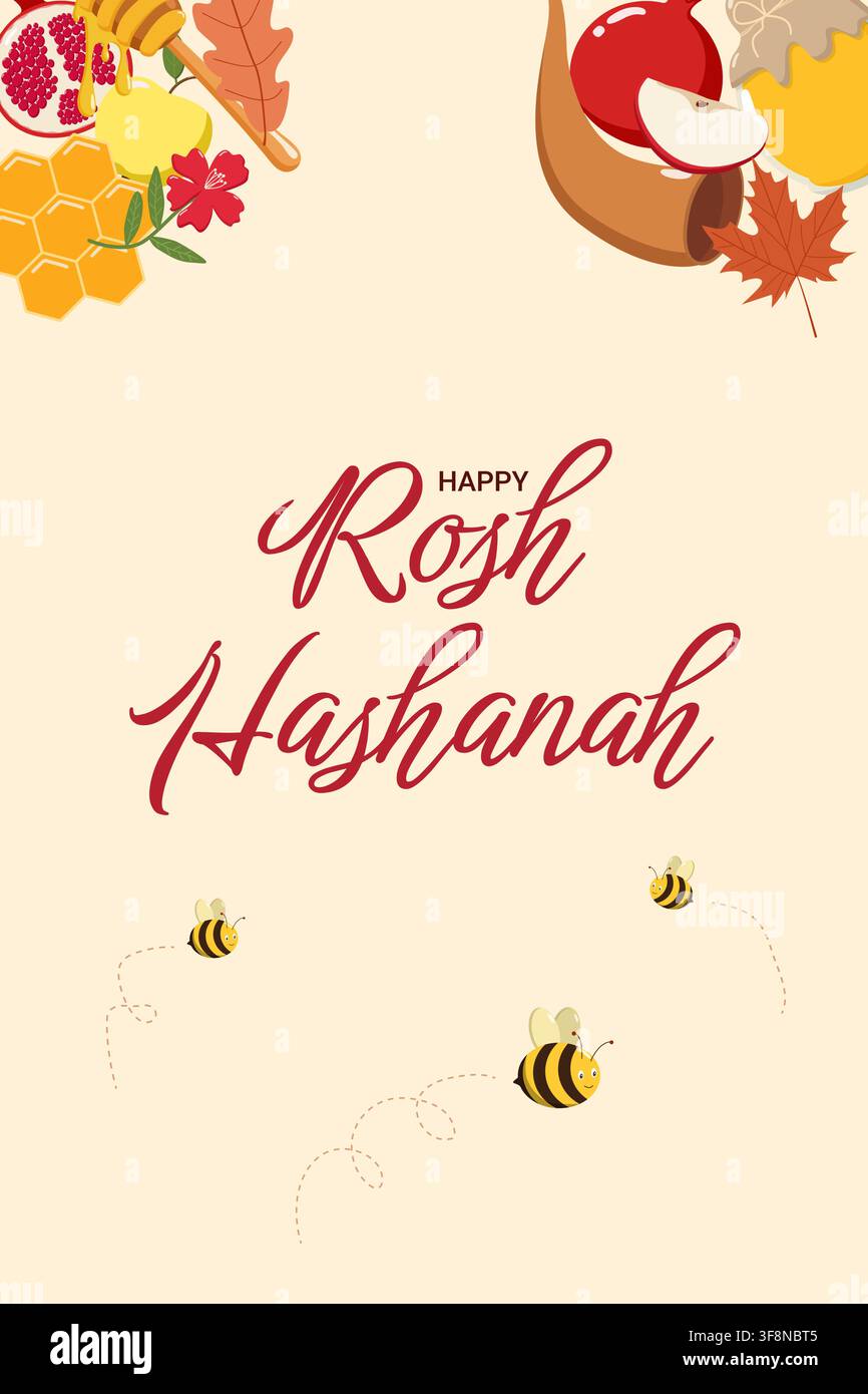 Carte festive de Rosh Hashanah avec le texte ‚Happy Rosh Hashanah‘, du miel, des pommes, des grenades, un shofar et des abeilles, symbolisant la douceur Illustration de Vecteur
