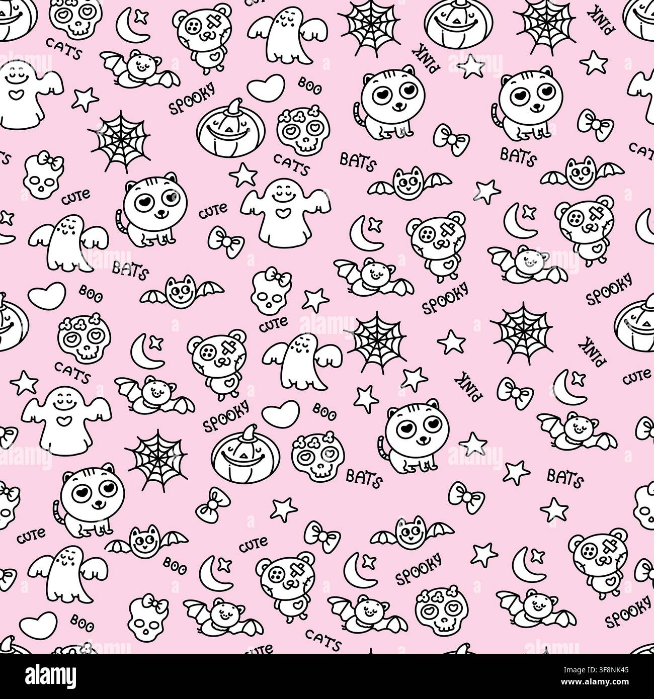 Arrière-plan à motif sans couture d’Halloween mignon sur fond rose. Papier peint créatif au style gothique pastel et effrayant. Textile minimaliste avec doodles kawaii effrayants Banque D'Images