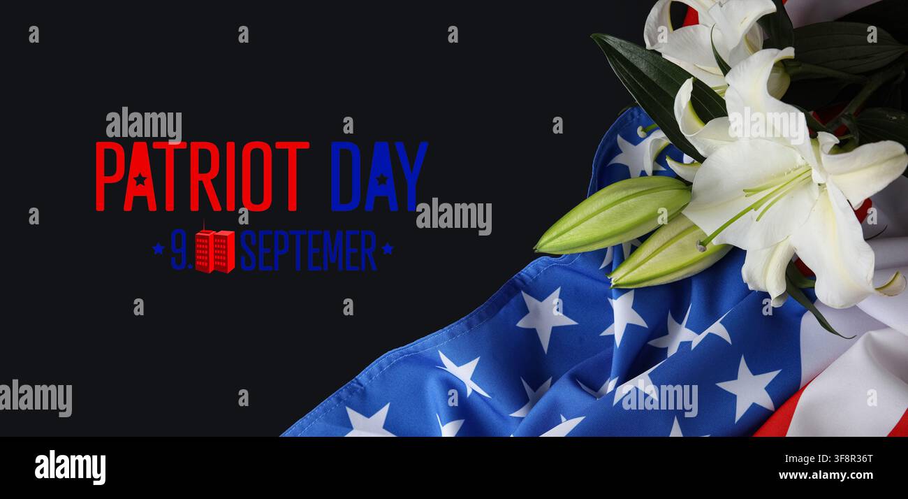 Jour de commémoration du 11 septembre avec des lys blancs et un drapeau américain sur fond sombre, 11 septembre" avec deux bâtiments rouges, les tours jumelles Banque D'Images