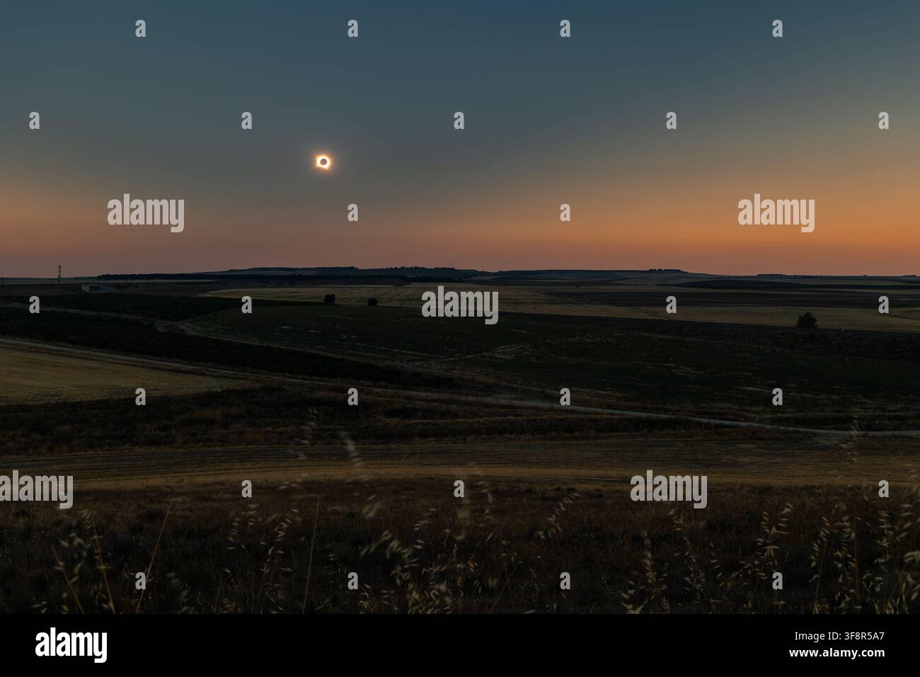 Éclipse solaire totale créant un effet anneau de diamant brillant avec la couronne solaire visible pendant le coucher du soleil sur un vaste paysage agricole en Espagne Banque D'Images
