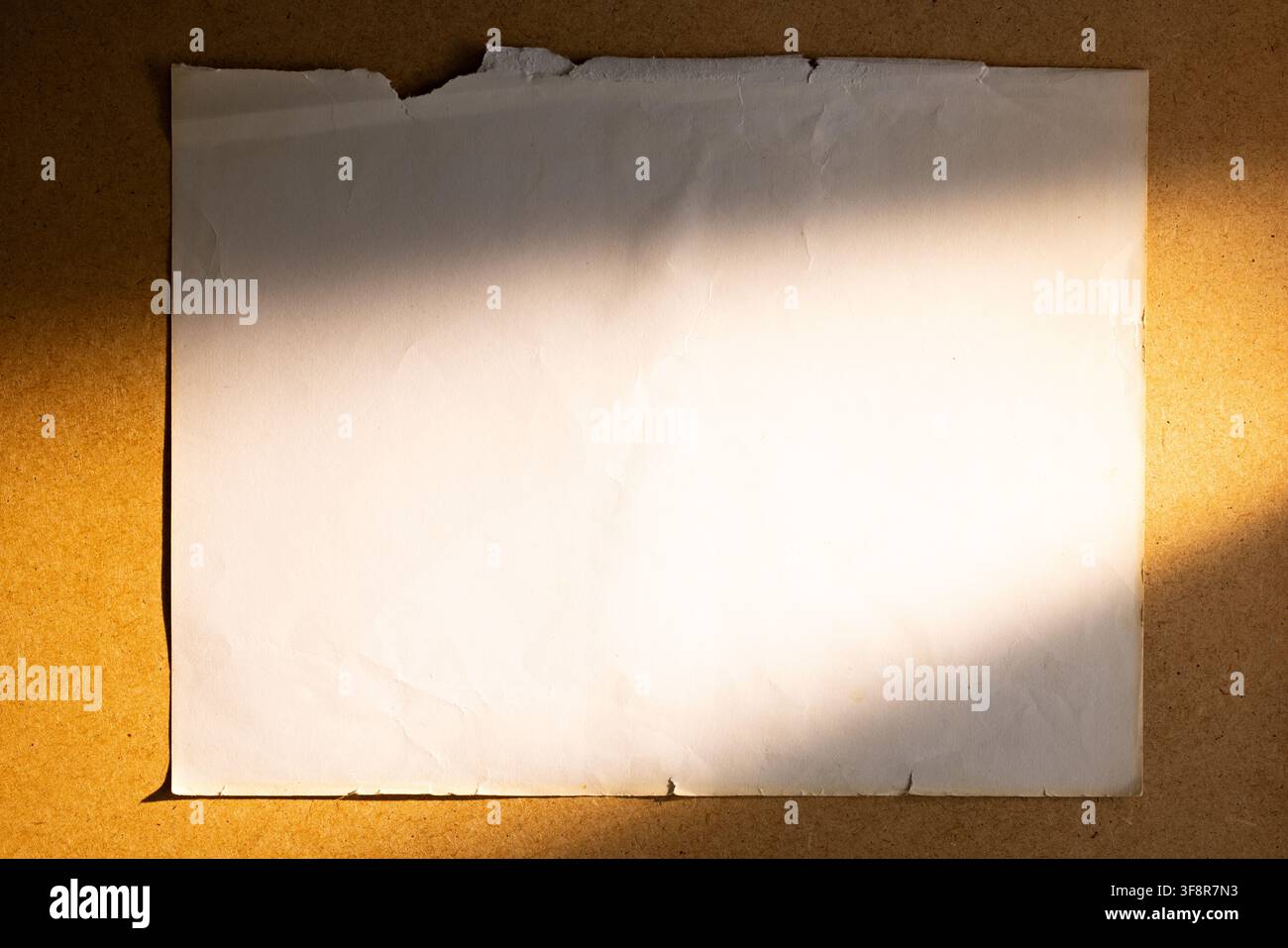 Papier vintage déchiré vierge avec une lumière douce sur un fond brun chaud pour une invitation, un certificat ou une maquette d'affiche Banque D'Images