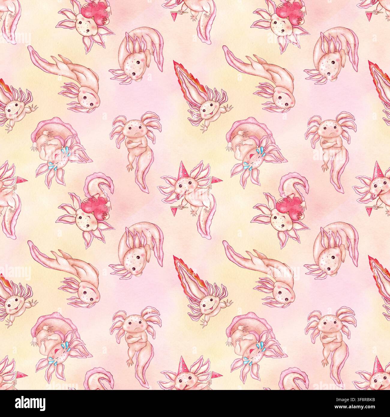 Motif sans couture d'axolotls mignons sur fond aquarellé rose jaune pastel. Salamandres mexicaines pastel dessinées à la main avec diverses émotions amusantes, emoji Banque D'Images