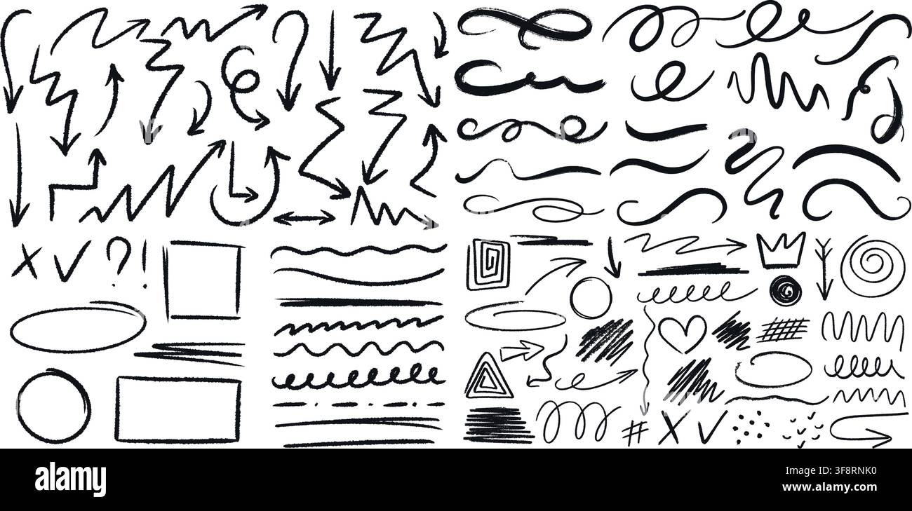 Ensemble d'éléments texturés dessinés à la main pour un design de style scrapbooking. Flèches, lignes, surlignements, symboles, mignons doodles, clip art, graphismes vectoriels Illustration de Vecteur