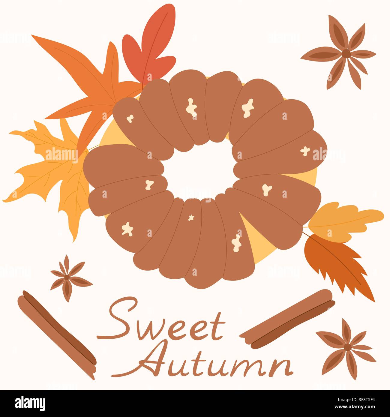 Poster pour la pâtisserie d'automne : gâteau aux pommes, bâtons de cannelle, anis étoilé et feuilles d'automne. Illustration de Vecteur