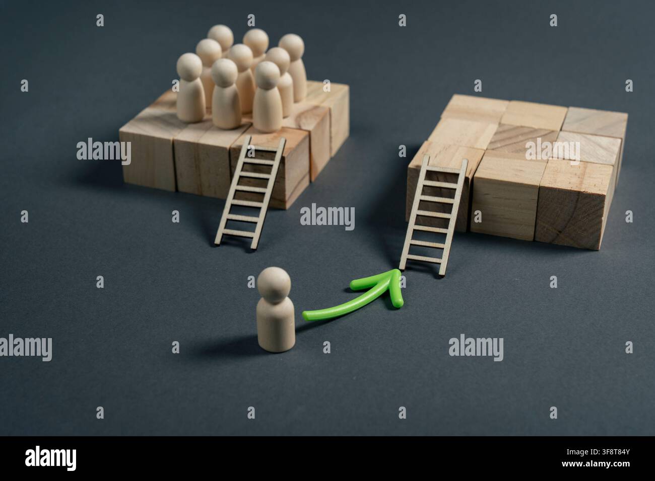 Image conceptuelle minimale d'une figurine en bois choisissant une plateforme vide plutôt que de rejoindre un groupe établi. Méaphore commerciale pour le travail indépendant, e Banque D'Images