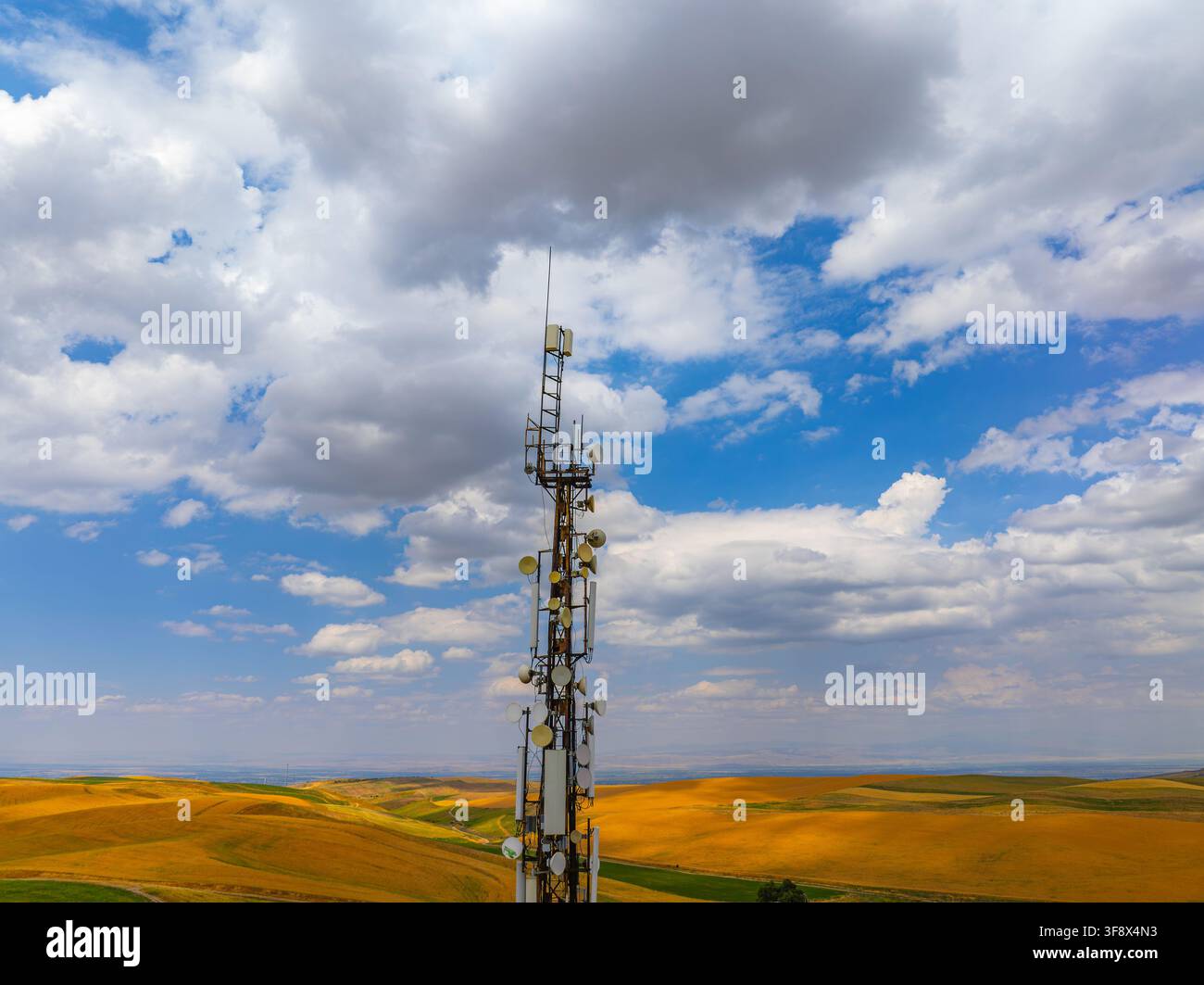 La tour de télécommunications se dresse au milieu de collines ondulantes et de champs agricoles. La scène de jour capture l'immensité et la connectivité technologique dans un Banque D'Images