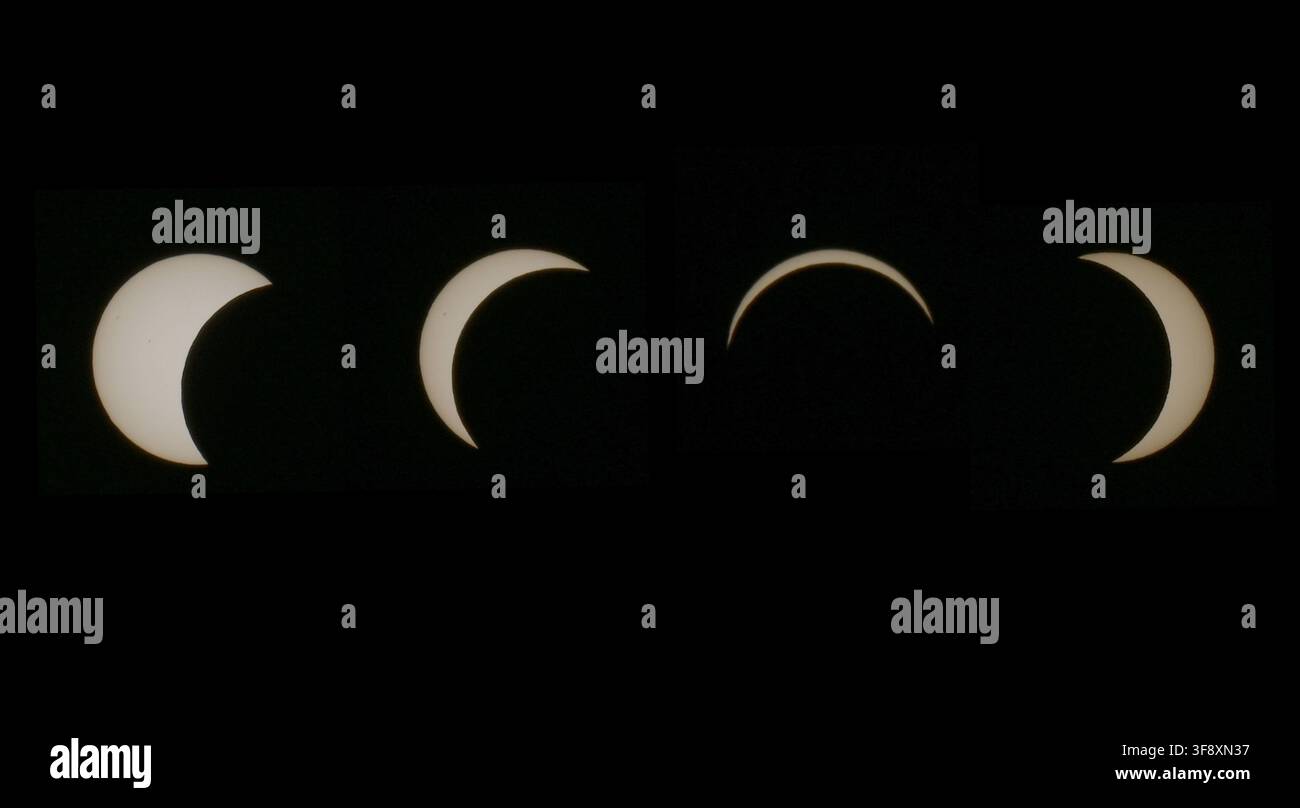 Éclipse solaire montrée en une séquence montée sur 4 phases telle que vue depuis Mumbles dans le sud du Pays de Galles, Royaume-Uni, le 12 août 2026 alors que la lune passait devant le soleil. Banque D'Images