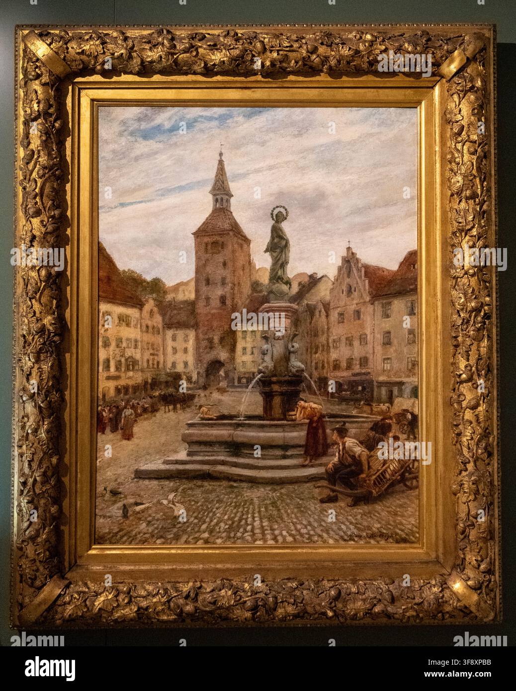 Landsberg, Allemagne - 25 juil. 26 : Peinture encadrée d'une place historique avec fontaine et tour exposée à l'intérieur du Mutterturm à Landsberg am Lech, Ba Banque D'Images