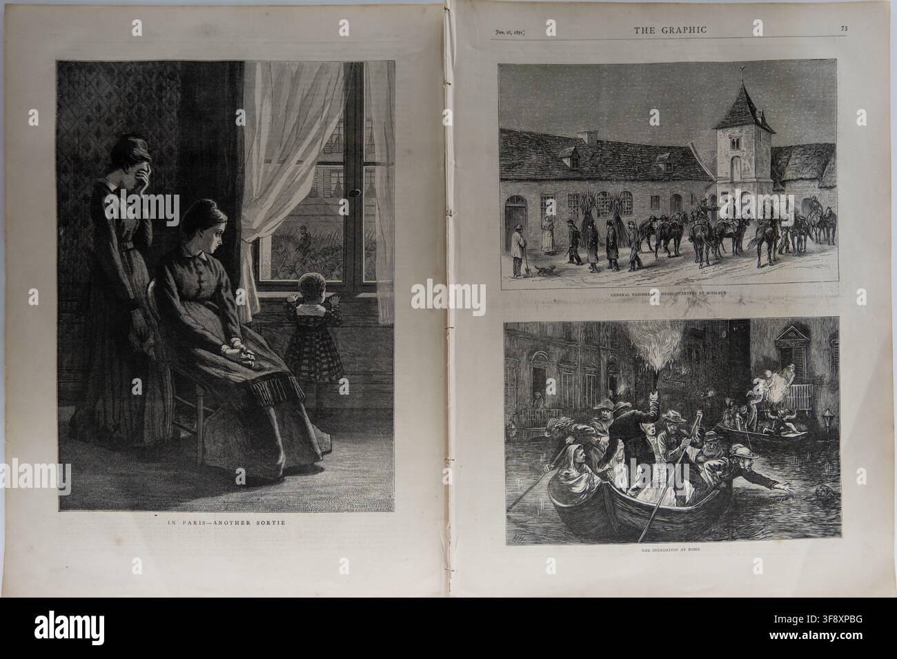 Landsberg, Allemagne - 25 juil. 26 : Exemple antique ouvert de The Graphic avec illustrations en noir et blanc exposé au musée Mutterturm. Banque D'Images