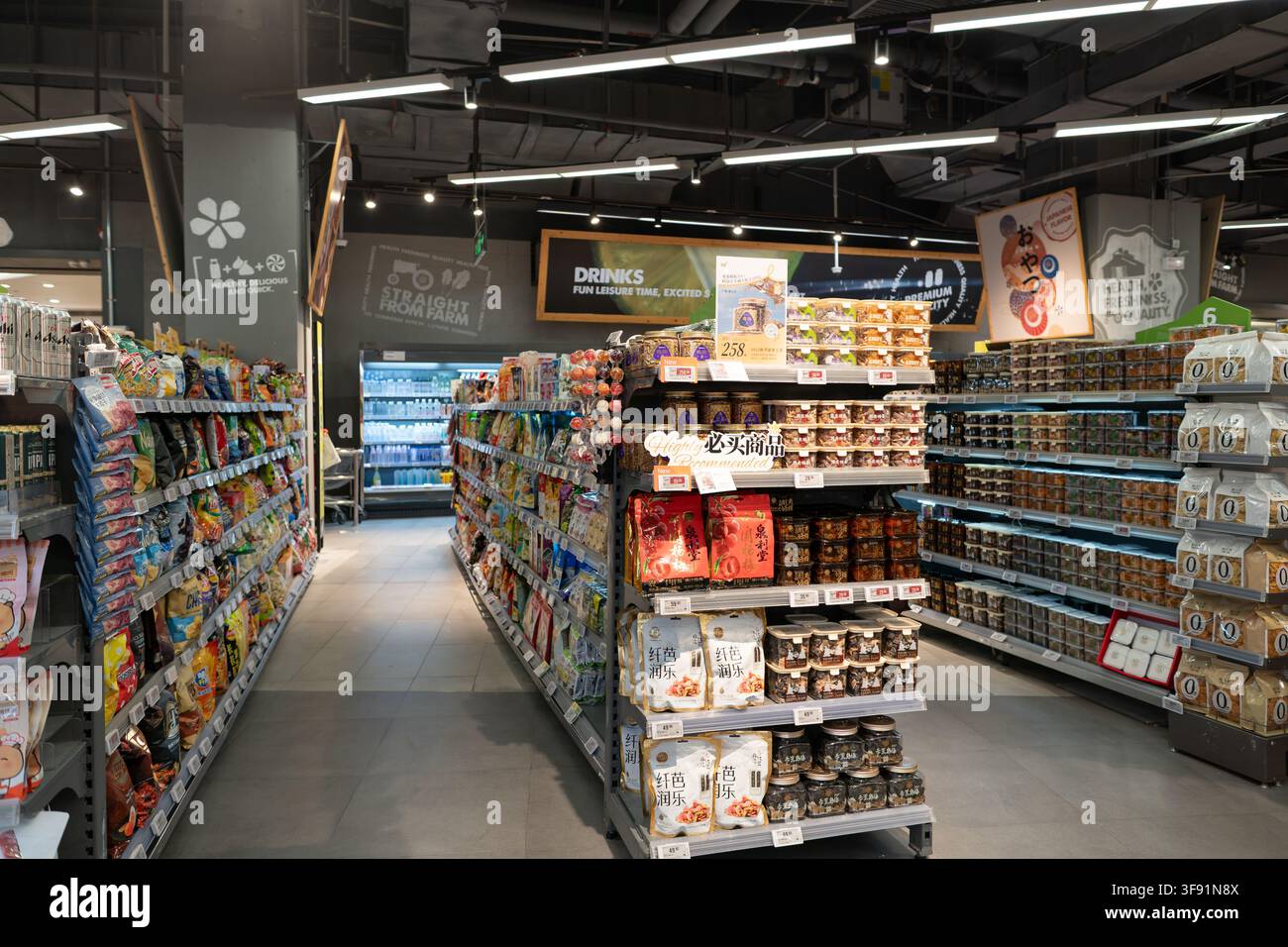 Shenzhen, Chine - 09 novembre 2025 : Vue intérieure du supermarché BLT Farm Market dans le centre commercial KK Mall. Banque D'Images