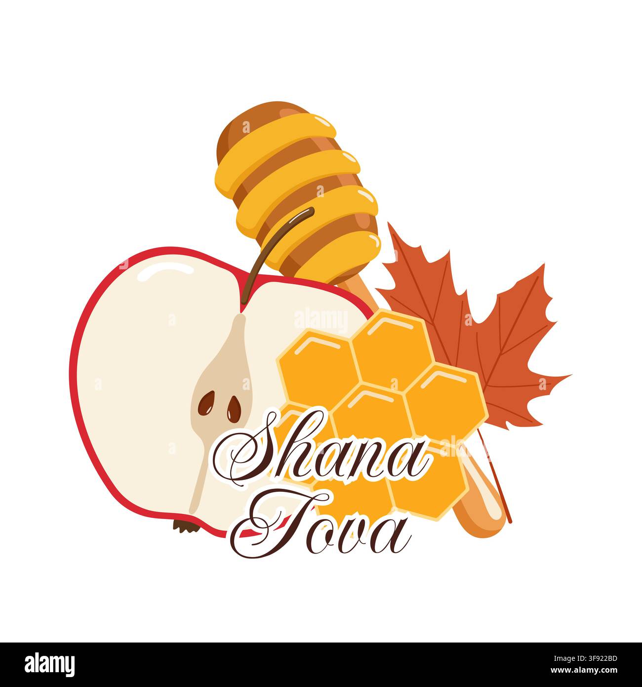 Carte stylisée pour Rosh Hashanah avec une pomme tranchée, un couteau à miel, une mielle, une feuille d'automne et le texte Shana Tova, symbolisant la douceur, les bénédictions et Illustration de Vecteur