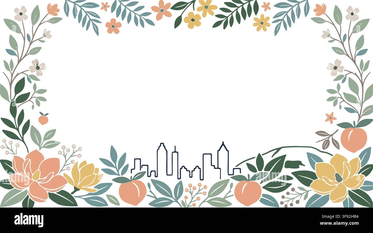 Illustration vectorielle d'un cadre de bordure botanique mettant en vedette la skyline de la ville d'Atlanta, des fleurs de pêcher et des fruits d'été. Modèle de voyage floral dessiné à la main. Illustration de Vecteur