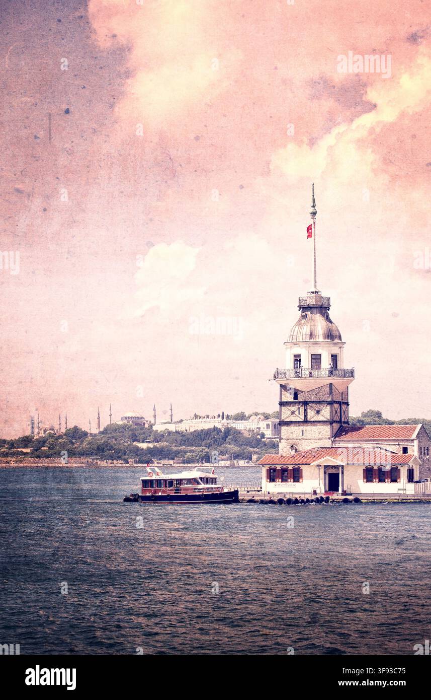 Istanbul, Turquie : réinterprétation graphique dans un style romantique rose de la Tour de la Vierge (Kız Kulesi, Tour de Léandre) sur un petit îlot du Bosphore Banque D'Images
