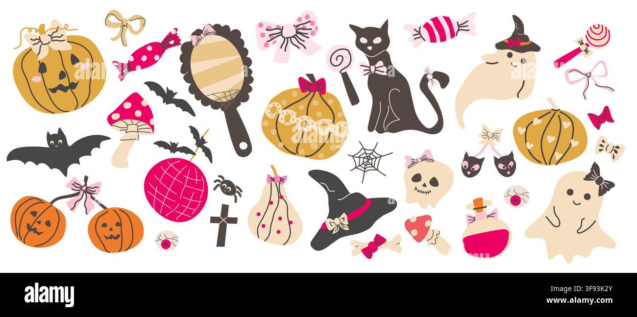 Ensemble d'éléments coquette d'Halloween. Illustration vectorielle dessinée à la main isolée sur blanc. Ensemble d'éléments mignons de style cartoon plat pour Halloween. Citrouilles mignonnes avec nœuds et boucles, fantômes et chat noir. Illustration de Vecteur
