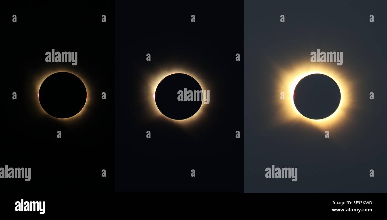 Éclipse totale du soleil capturée à Castellon, Espagne. Vue détaillée de la couronne solaire, des boucles de protubérance roses et de la chromosphère pendant la phase de totalité. Banque D'Images