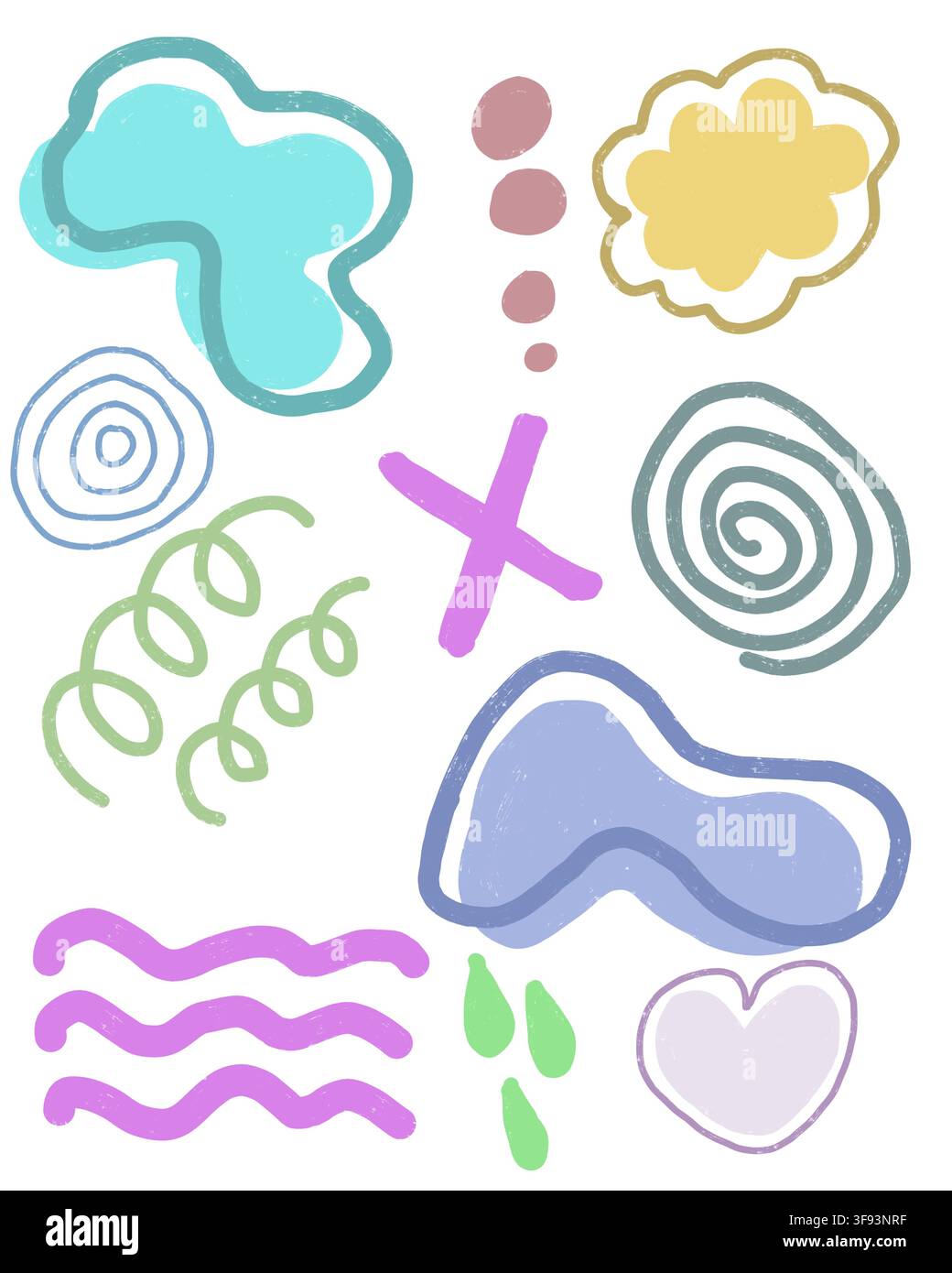 Un ensemble vibrant de formes pastels abstraites mignonnes dessinées à la main, comprenant des blobs, des nuages, un cœur, des spirales et des lignes ondulées pour des autocollants, de la papeterie, etc. Banque D'Images