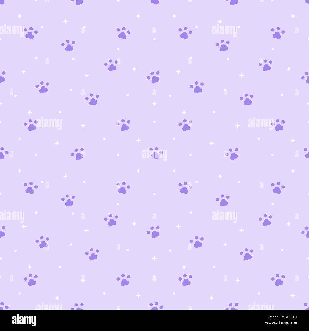 Motif violet sans couture mignon mettant en vedette des empreintes de pattes adorables, des étoiles et des points sur un fond violet pastel doux, parfait pour les produits pour animaux, les tissus, w Illustration de Vecteur