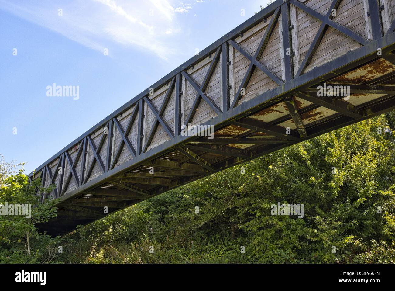 Vue en contre-plongée des entretoisements structurels et du dessous d'une passerelle piétonne traversant une voie ferrée désaffectée près de Llyn Cefni, Anglesey. Banque D'Images
