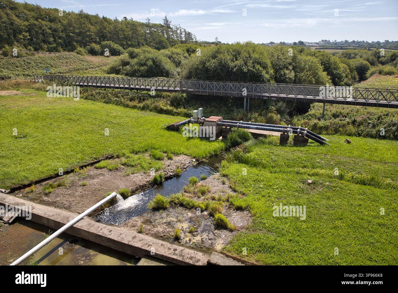 Écoulement d'eau et tuyaux courants près d'une passerelle surélevée en bois à côté du réservoir de Llyn Cefni, Anglesey, Pays de Galles du Nord, Royaume-Uni. Banque D'Images