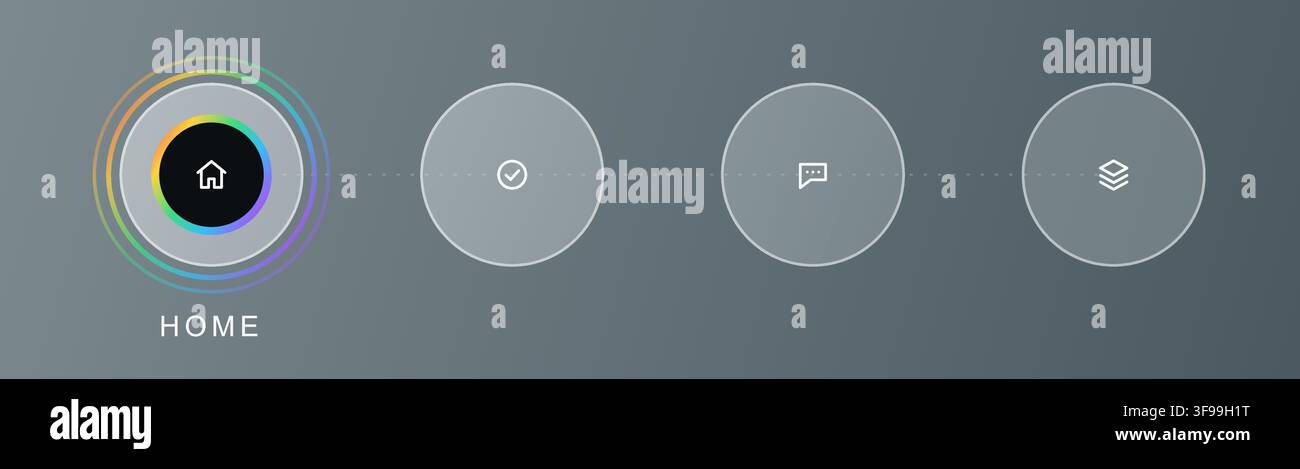 Élément d'interface utilisateur moderne en verre dépoli de type glassmorphisme avec menu de navigation circulaire, bouton d'accueil actif lumineux au néon arc-en-ciel et modèle de dock d'applications Illustration de Vecteur