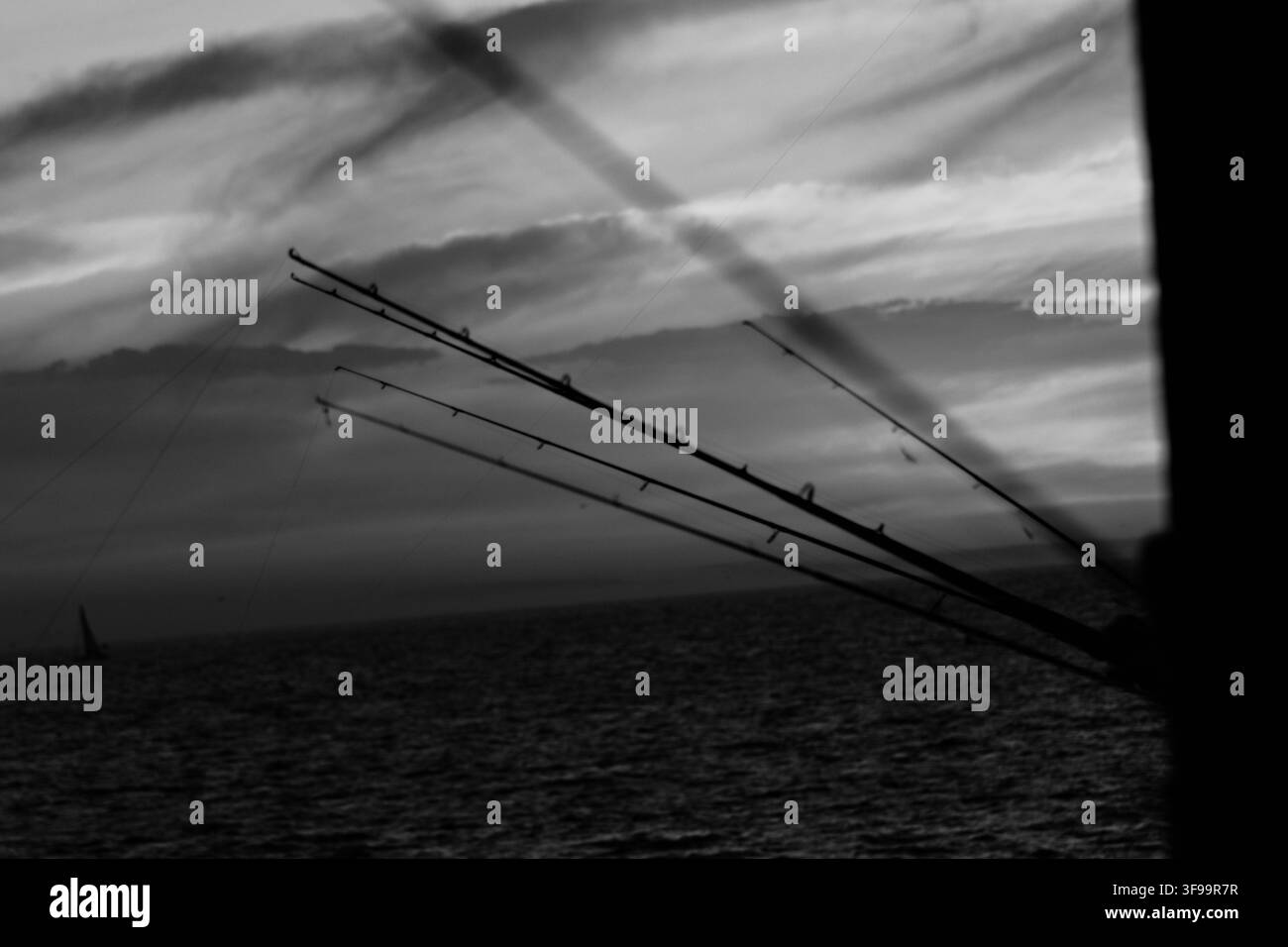 Silhouette de cannes à pêche contre un coucher de soleil flamboyant sur l'océan. Les eaux calmes reflètent des teintes chaudes. Moment serein et paisible pour la détente ou la contemplation. Idéal Banque D'Images