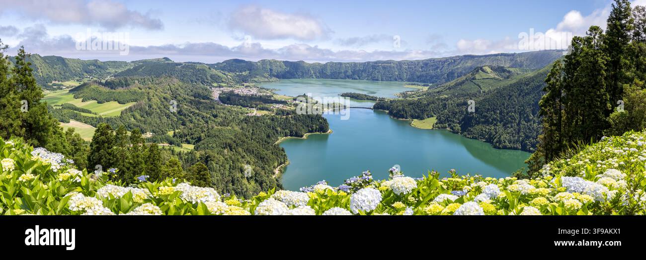 Vue des Açores sur Sete Cidades avec fleurs d'hortensias, vue panoramique sur le paysage naturel de l'île de Sao Miguel, lac volcanique, voyage au Portugal Banque D'Images
