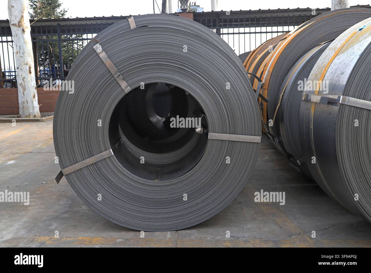 L'image capture des bobines d'acier laminées à chaud soigneusement empilées dans un environnement de stockage industriel. Les surfaces métalliques présentent une teinte gris argenté fraîche avec Banque D'Images