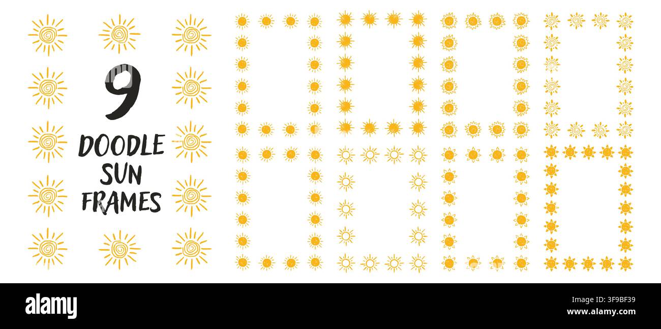 Cadres rectangulaires dessinés à la main en forme de soleil. Bordures ludiques de maternelle avec texture de craie pour les designs pour enfants. Illustration de Vecteur