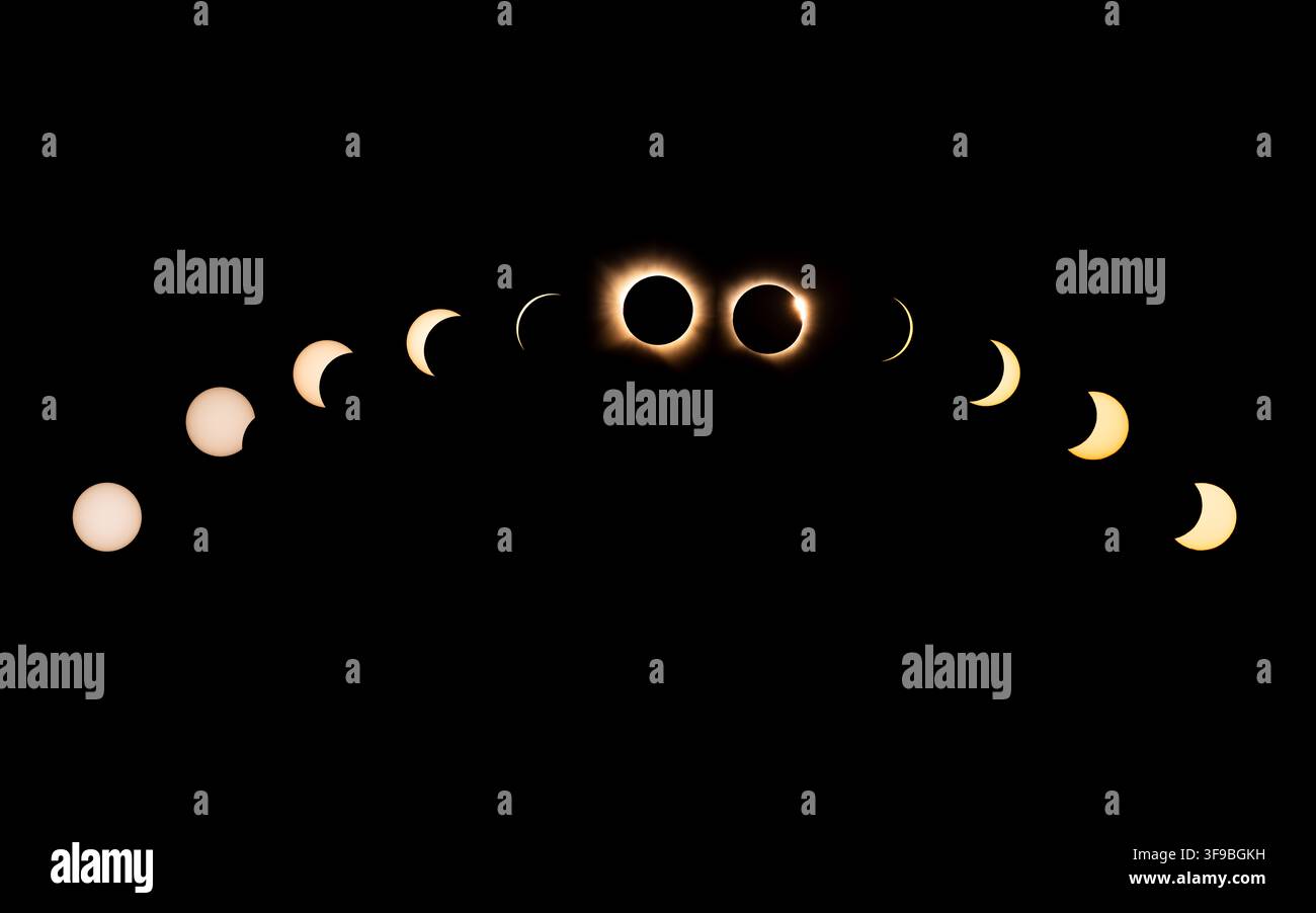 Image composite des phases d'une éclipse solaire totale en août 2026 sur l'Espagne en forme d'arc Banque D'Images