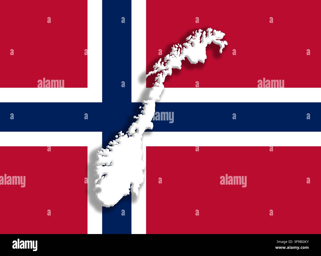 Silhouette de la carte de la Norvège sur fond du drapeau norvégien avec des couleurs rouges, blanches et bleues Banque D'Images