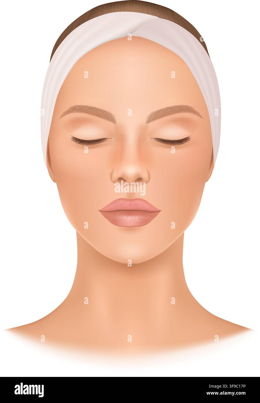 Visage de femme avec bandeau et yeux fermés pour le soin du visage et le traitement de beauté, illustration 3D. Visage féminin détendu sur fond isolé. Illustration de Vecteur