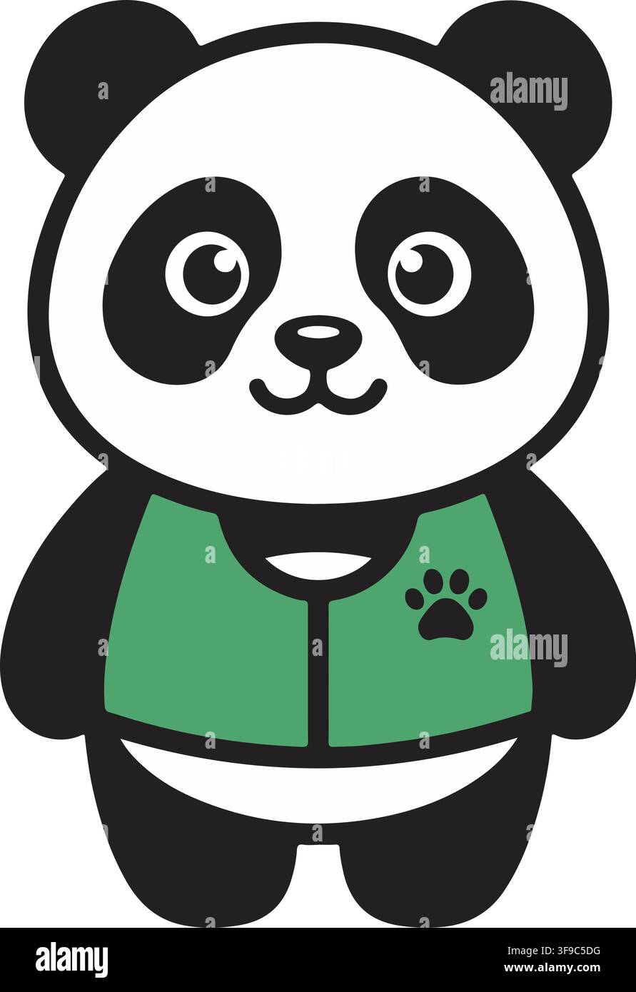 Adorable bébé panda portant un gilet vert avec empreinte de patte, tenue scout, illustration vectorielle d'ours panda géant, clipart graphique Illustration de Vecteur