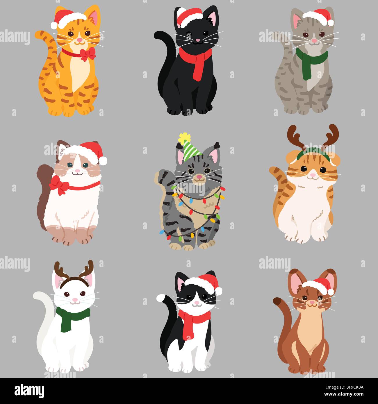 Chats simples et adorables assis de face, version Noël aux couleurs plates Illustration de Vecteur