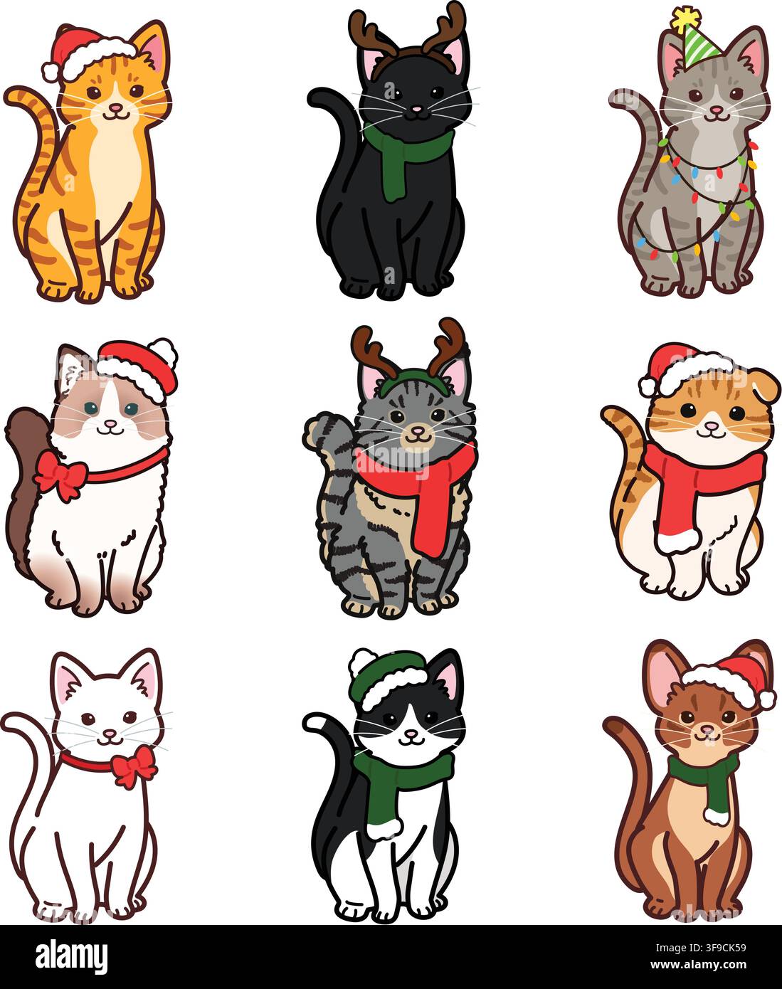 Chats simples et adorables assis en vue avantale dans une version de Noël Illustration de Vecteur