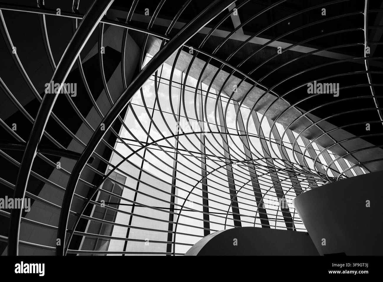 Architecture moderne monochrome avec un motif géométrique dramatique en acier courbé et verre Banque D'Images