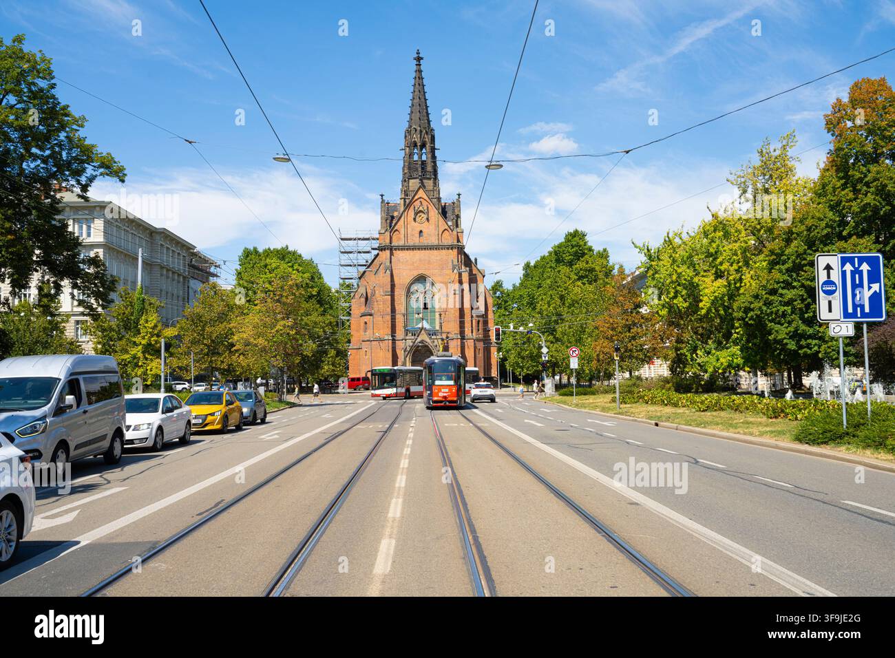 Brno, République tchèque. 11 août 2026. Vue extérieure de l'église de Jan Amos Comenius - Église Rouge au centre-ville Banque D'Images