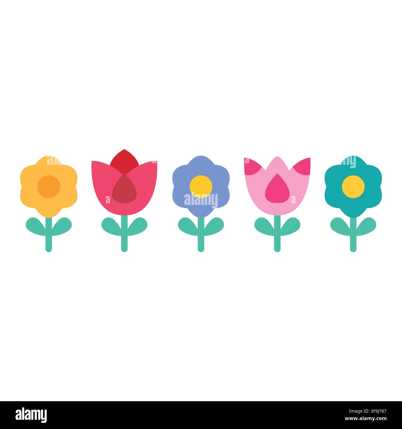 Ensemble de fleurs simples colorées en rangée pour décoration de motifs floraux printaniers et éléments de conception Illustration de Vecteur