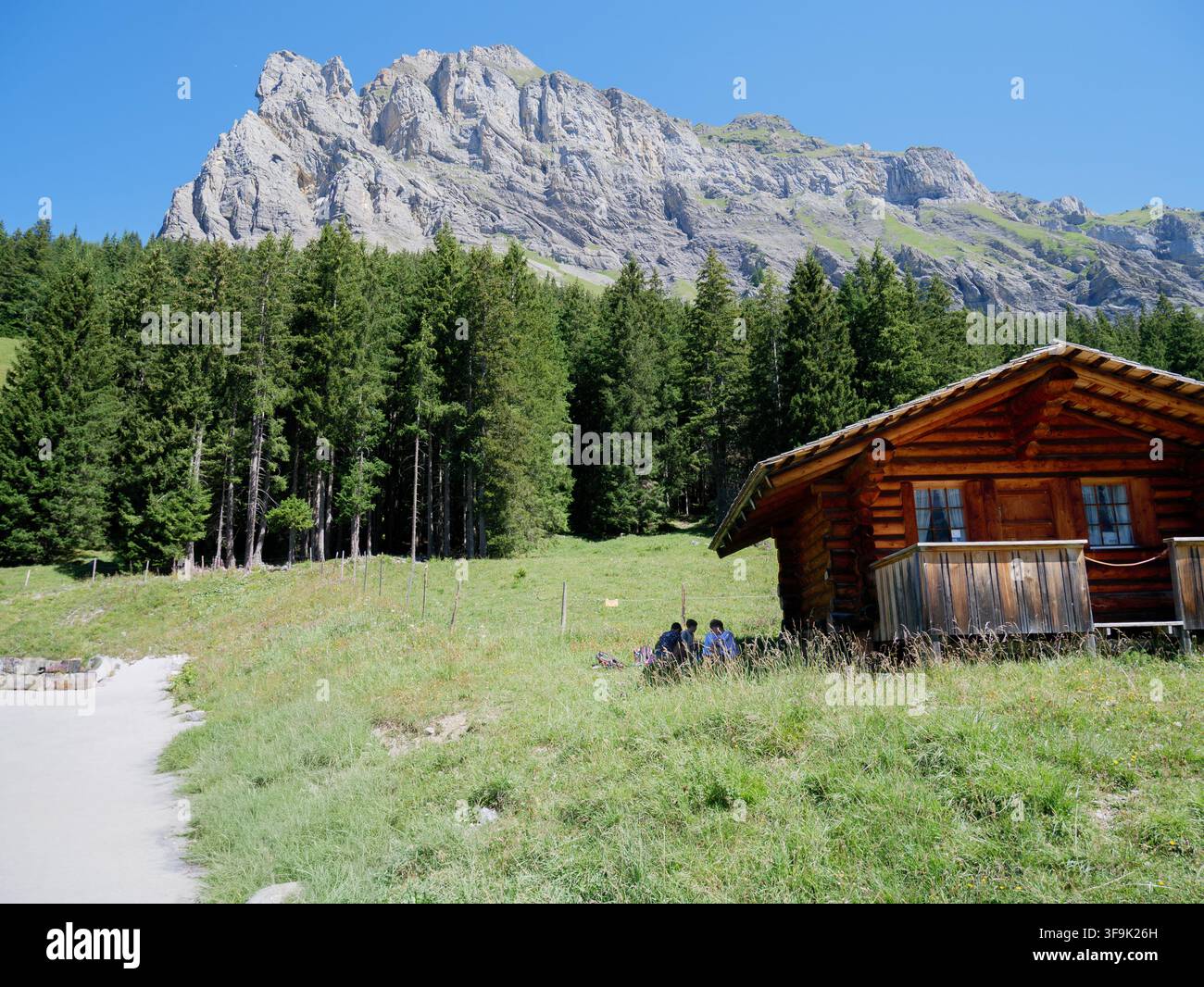 Chalet alpin en bois traditionnel à côté d'un sentier de randonnée avec une forêt de pins dense et des sommets montagneux rocheux dramatiques sous un ciel bleu clair pendant un été Banque D'Images
