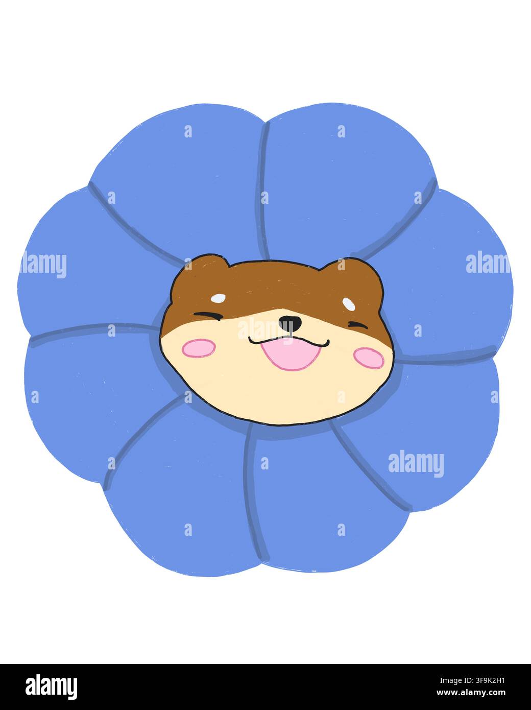 Une illustration adorables dessinée à la main d'un visage de chiot brun souriant encadré dans un grand coussin en forme de fleur bleue en peluche. Avec une palette pastel douce. Banque D'Images