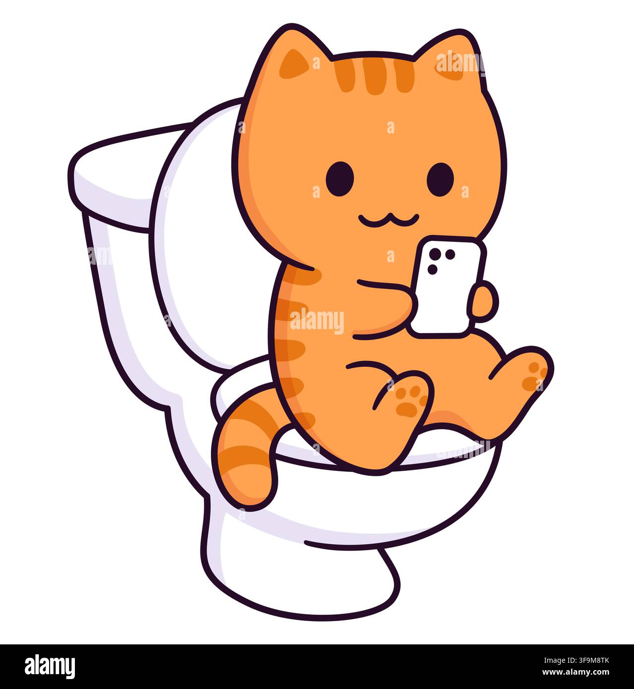 Personnage de chat mignon en dessin animé assis sur les toilettes avec un téléphone. Défile en faisant ses besoins. Illustration vectorielle drôle. Illustration de Vecteur