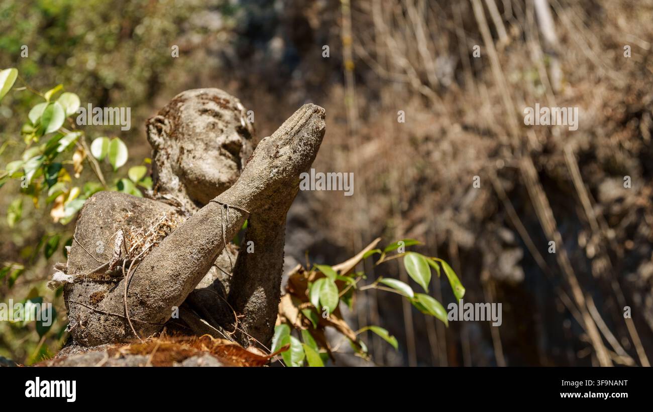 Une statue en pierre érodée tient ses mains jointes parmi des feuilles vertes, une végétation sèche et des roches exposées. Banque D'Images