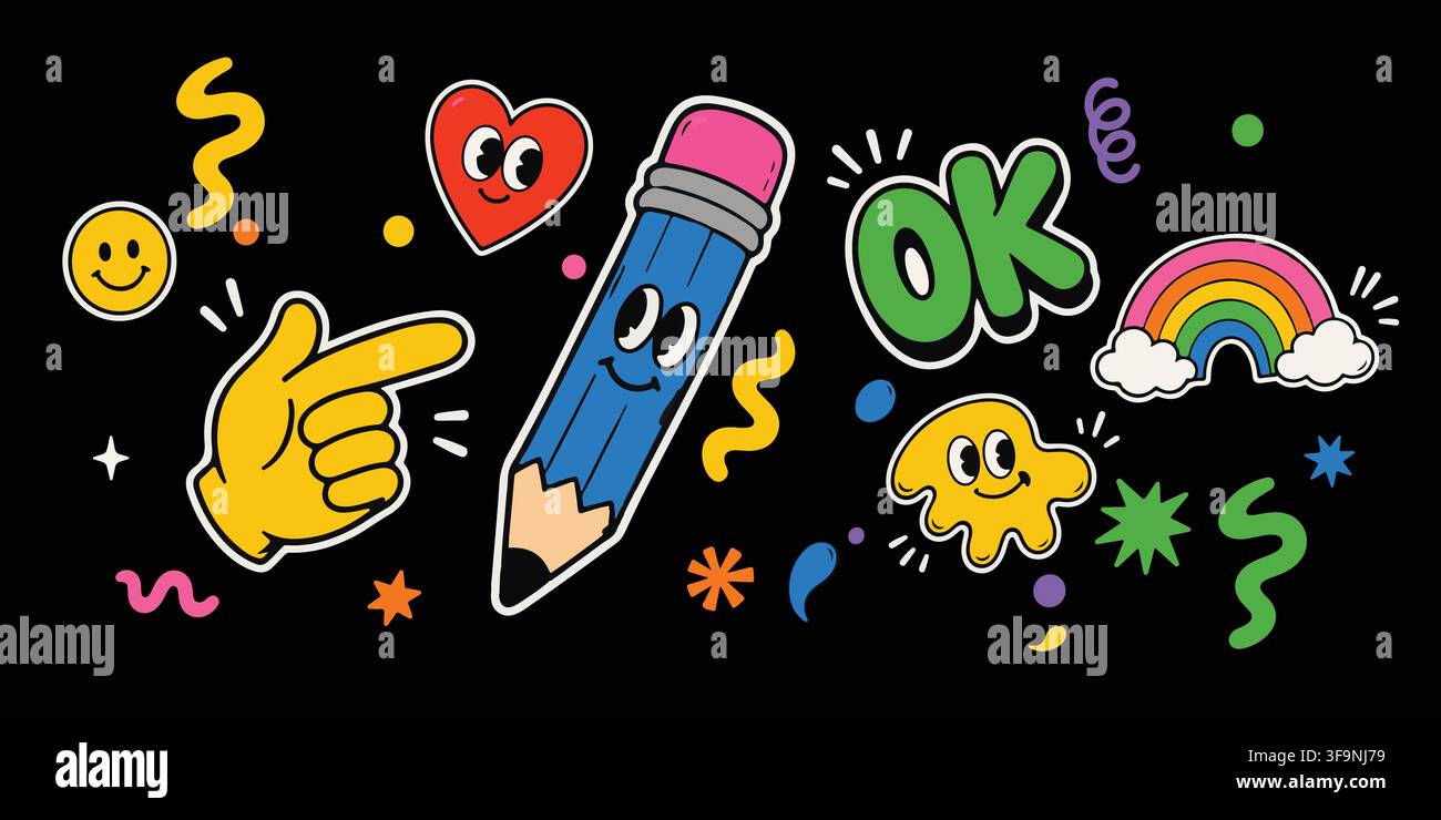 Autocollants de gribouillis dessinés à la main colorés avec un personnage mignon en crayon et divers symboles positifs sur fond noir Illustration de Vecteur